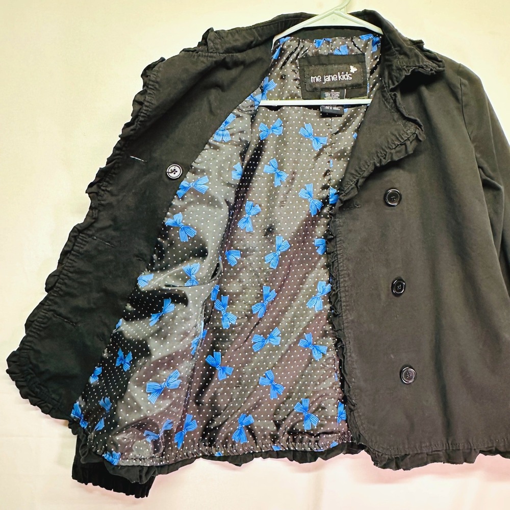 Me Jane Kids Black Ruffle Trim‎ Double Breasted Jacket Pea Coat Blazer Girls M